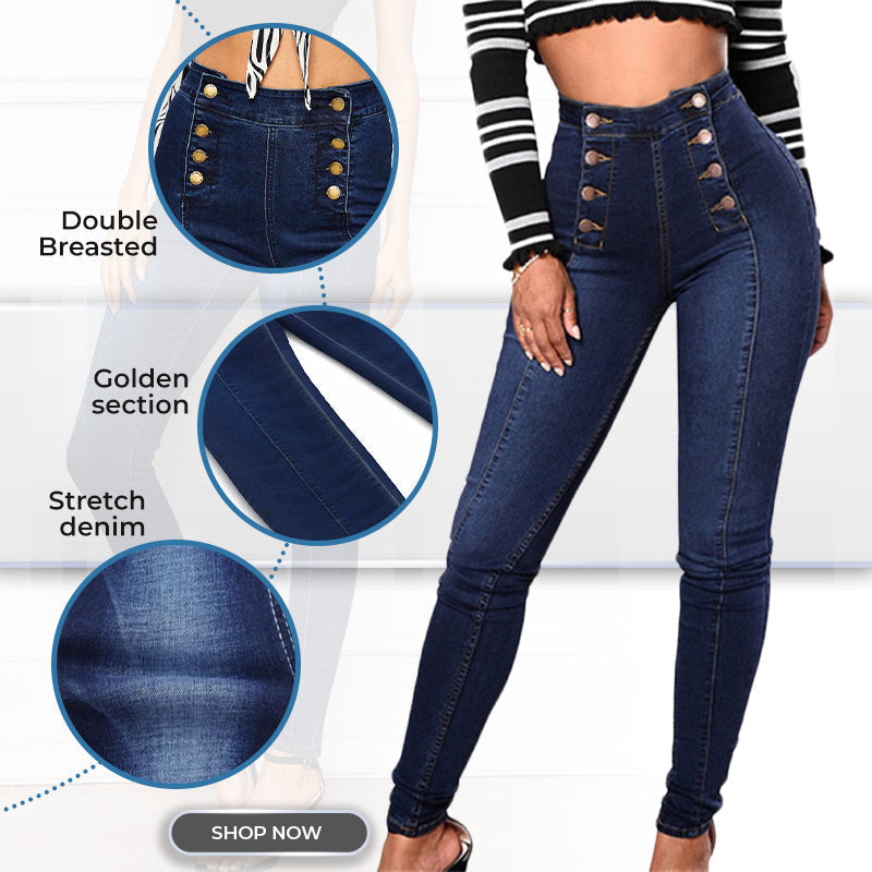 Achetez-en 2, livraison gratuite Jean skinny taille haute à double boutonnage