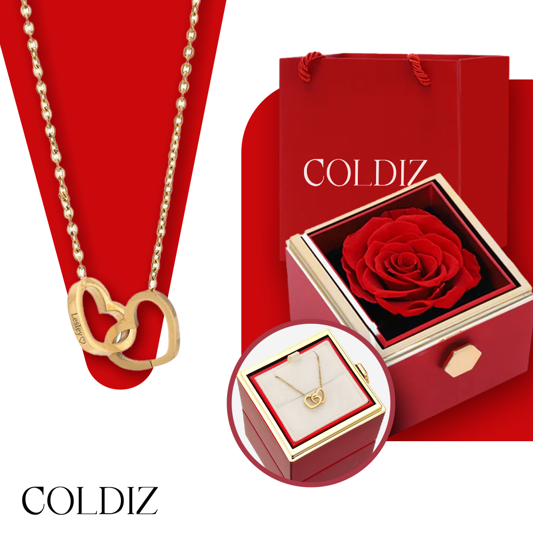 Collier Lovers Personnalisable Deux Cœurs + Coffret de Rose Éternelle Gratuit